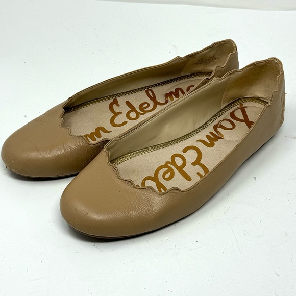 Sam Edelman Womens Scalloped Ballet Flats Finnegan Tan Beige Leather - Picture 1 of 5